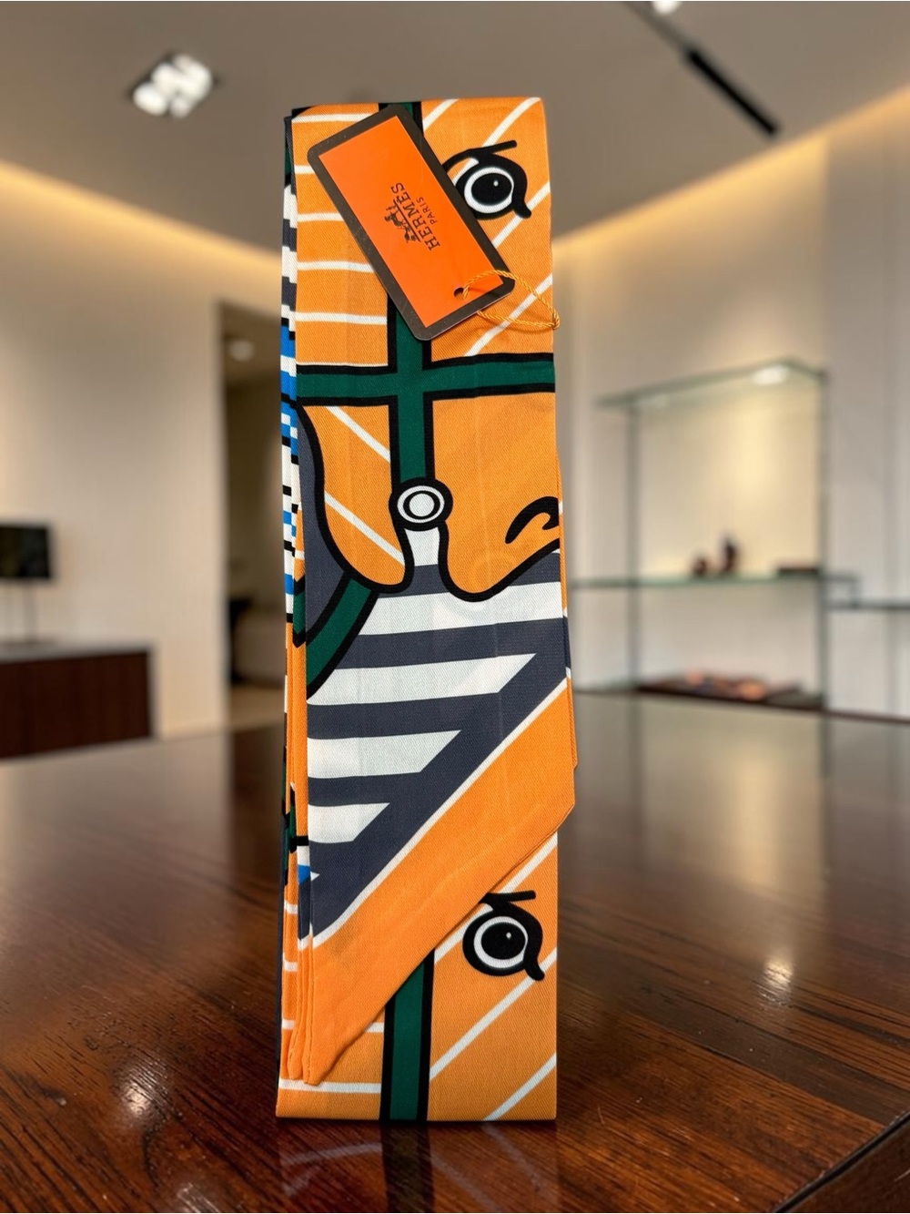Source Unknown Orange, Green, Black & White Graphic Silk Scarf Twilly